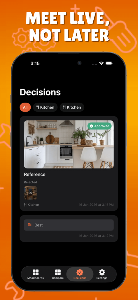 OmeTV : Video Chat - Tela de um aplicativo móvel mostrando uma decisão de reforma para o design de uma cozinha marcada como aprovada com uma alternativa rejeitada abaixo dela