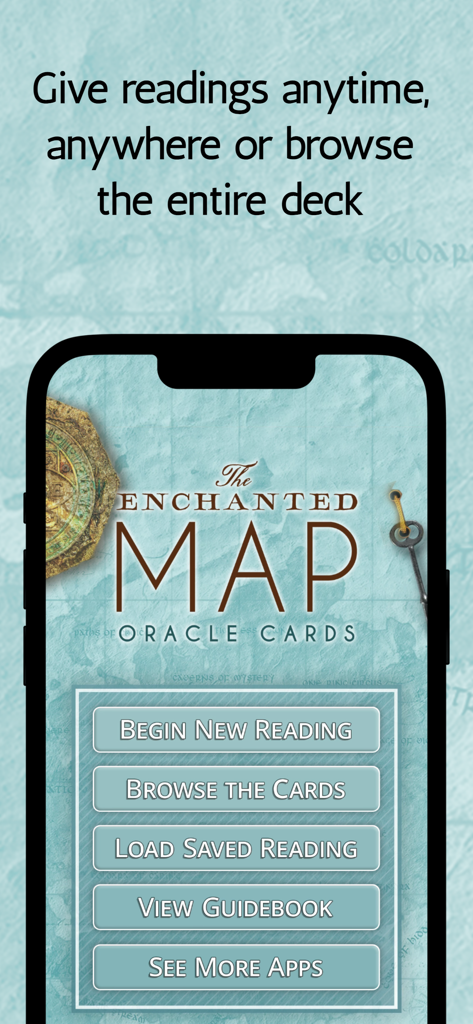 Tela inicial do aplicativo Oráculo do Mapa Encantado com opções de menu para leituras e guia digital.