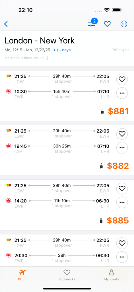 idealo flights: cheap tickets - Flight search results for London to New York on the idealo flights app showing different airline prices and flight durations