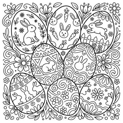 Get ready for a charming Easter with this enchanting coloring page featuring intricately decorated Easter eggs, each showcasing delightful bunny designs. Perfect for sparking creativity, it offers a wonderful way to celebrate the season with artistic flair.