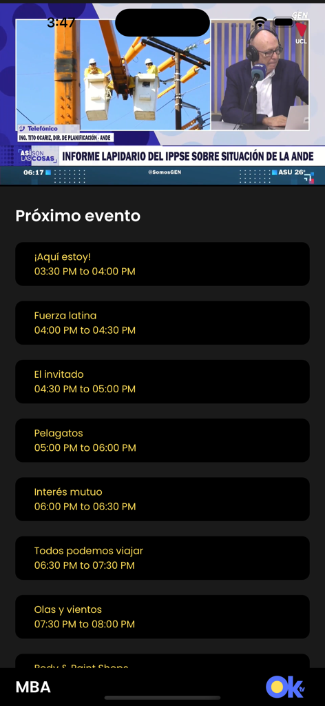 OKtv - Screenshot of the OKtv app showing a live video feed and a programming schedule for TV operators
