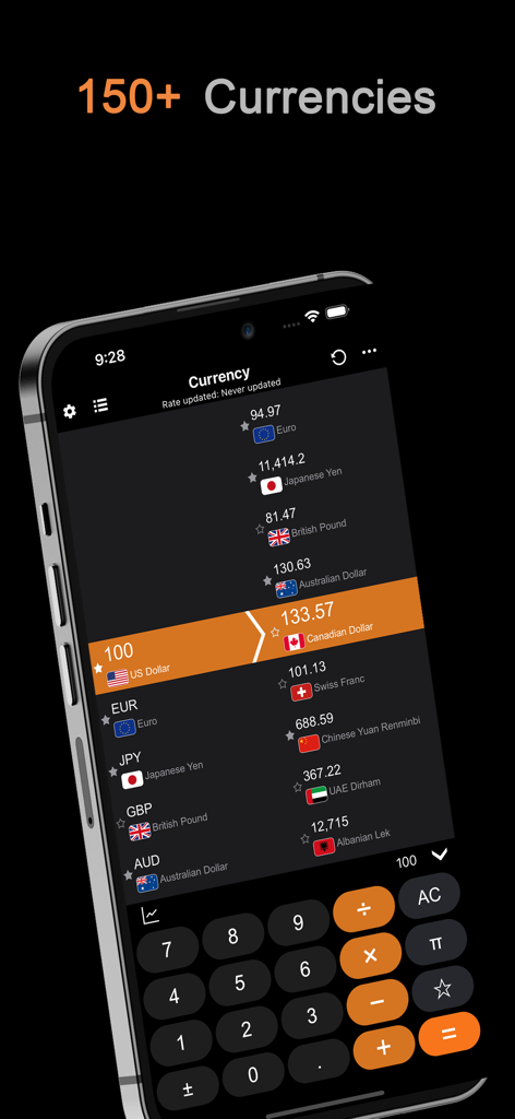 DayCalc - Note Calculator - DayCalc app interface showing the currency converter feature with live exchange rates for over 150 currencies