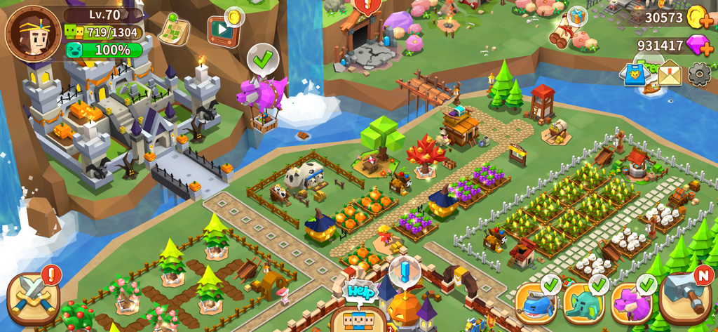 Vista de pájaro de una ciudad colorida con cultivos de granja y un castillo en FantasyTown