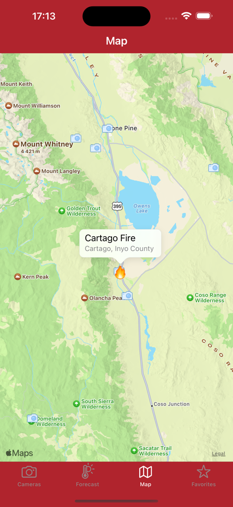 Un'interfaccia mappa all'interno dell'app California Fire Cams che mostra un allarme incendio per il fuoco di Cartago e telecamere di monitoraggio locali