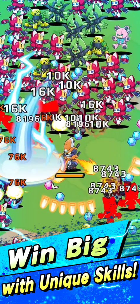 Medabots Survivors - Ein Medabot-Charakter kämpft im Mobile-Spiel Medabots Survivors mit einzigartigen Fähigkeiten gegen eine große Feindesmenge.