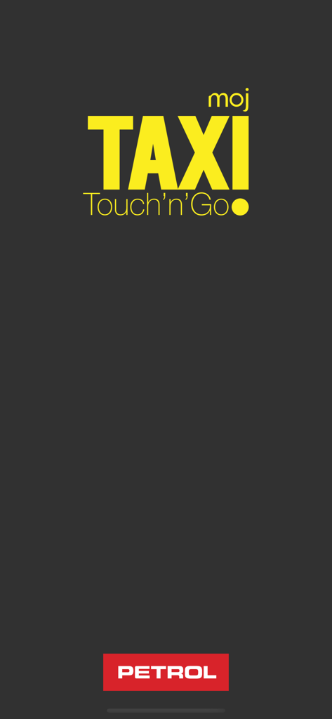 mojTaxi Touch ‘n’ Go - Splash screen of the mojTaxi Touch n Go mobile app featuring the logo and a Petrol sponsor banner.