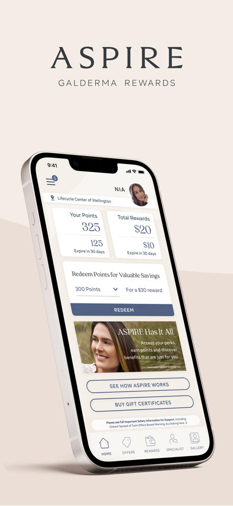 ASPIRE Galderma Rewards - Dashboard der ASPIRE Galderma Rewards-App, das die Punktzahlen und verfügbaren Ersparnisse anzeigt.