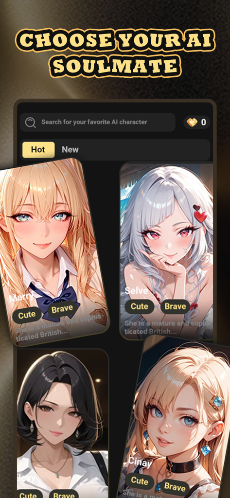 Anna -Your Dream Buddy - Selection screen in the Anna app showing various anime-style AI character options under the title Choose Your AI Soulmate.