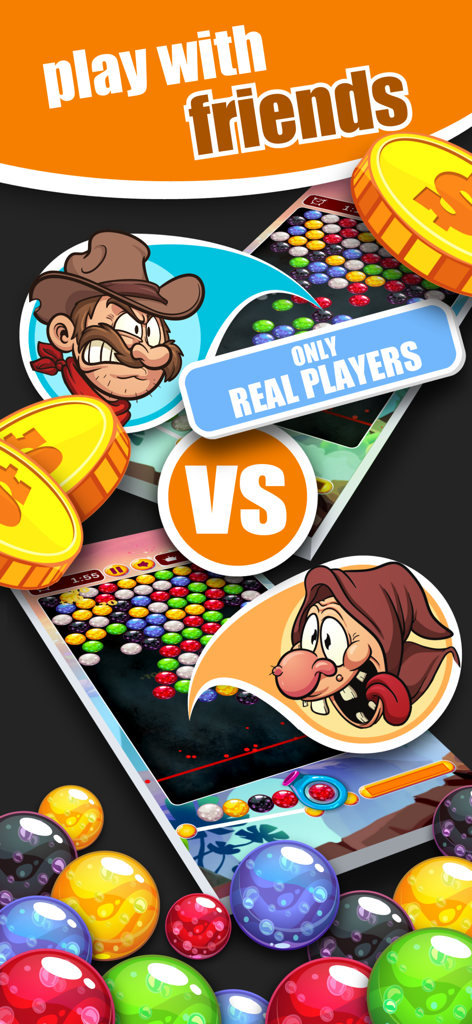 A competitive bubble shooter game screen showcasing two players matching in real-time for prizes