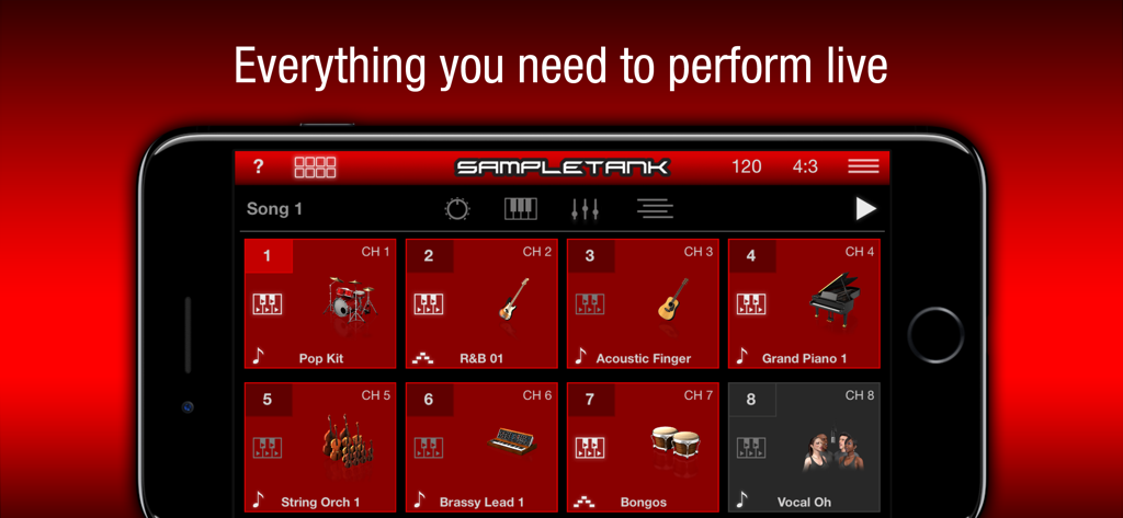SampleTank app interface on a smartphone showing eight multitimbral instrument slots for live music performance.