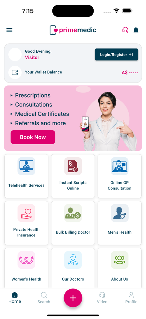 Prime Medic - Online Clinic - Prime Medic app home screen featuring telehealth services and online consultations