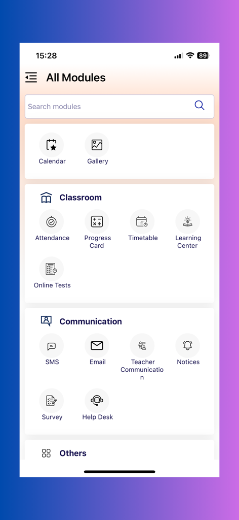 JGI - SCHOOLS - Dashboard of JGI Schools app showing classroom attendance and communication modules
