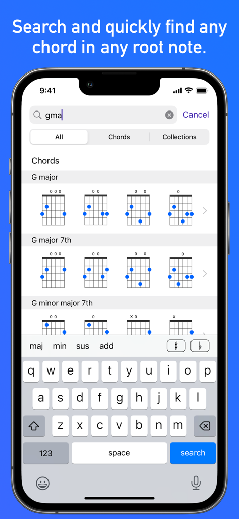 Search interface of GtrLib Chords Pro app showing results for G major guitar chords with fingering diagrams.