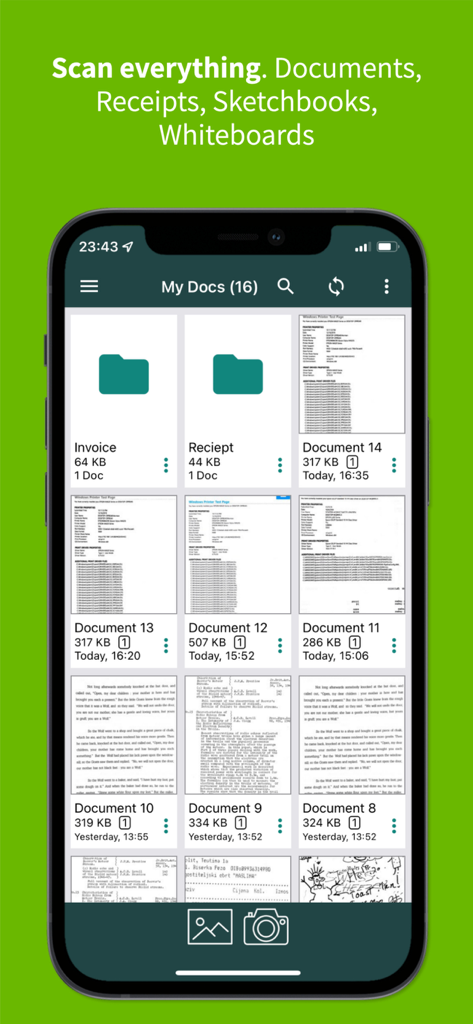 Clear Scan: Doc Scanner App - Smartphone screen showing the My Docs section of the Clear Scan app with organized folders and scanned document thumbnails
