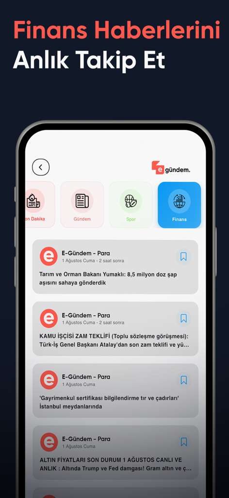 Mobile screenshot of the eGündem app displaying Turkish finance and economic news headlines.