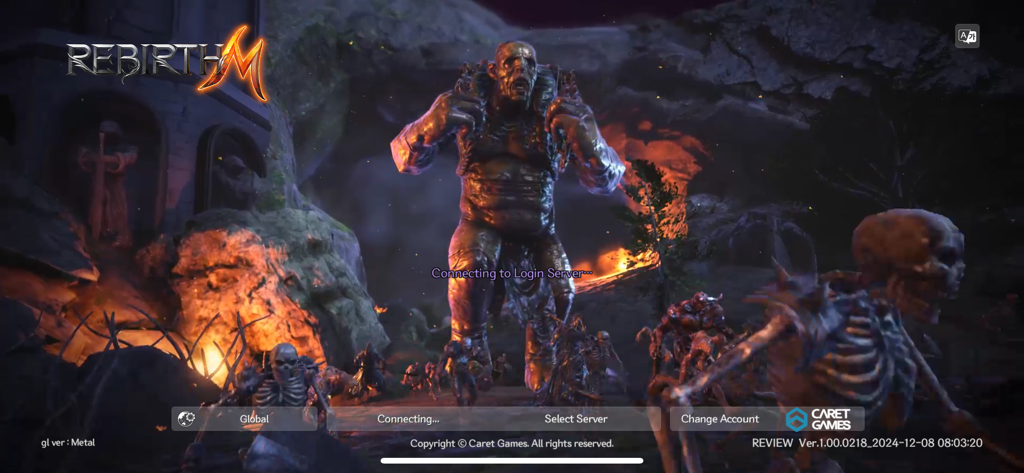 RebirthM - Schermata di accesso di RebirthM con un mostro gigante e un esercito di scheletri in un'ambientazione dark fantasy