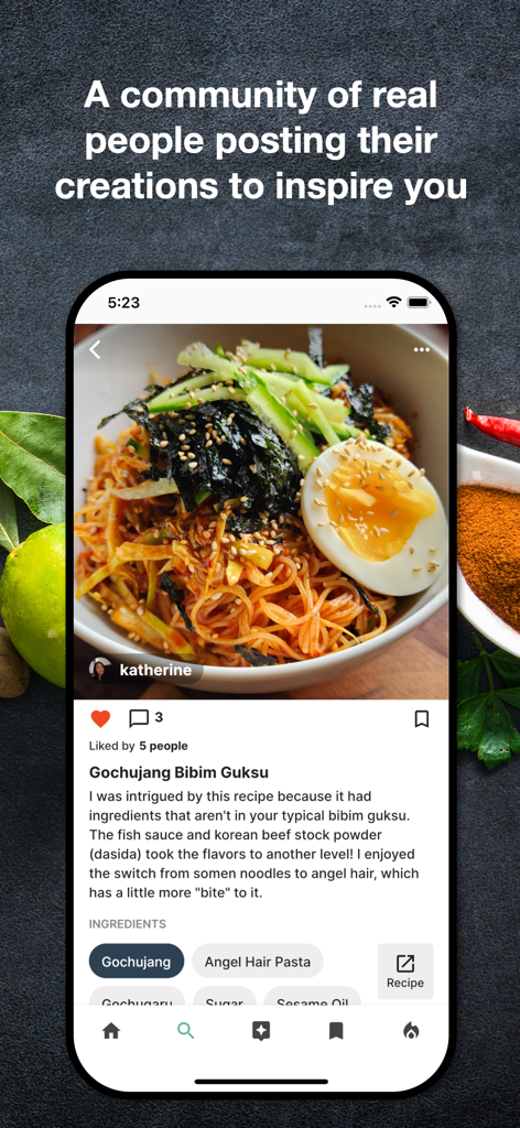 TasteMatch - TasteMatch app interface showing a community feed post of a Gochujang Bibim Guksu recipe with ingredient tags and user comments