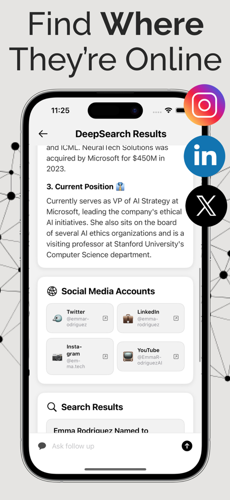 DeepSearch AI app interface showing a summary of a person online presence including professional position and social media account links