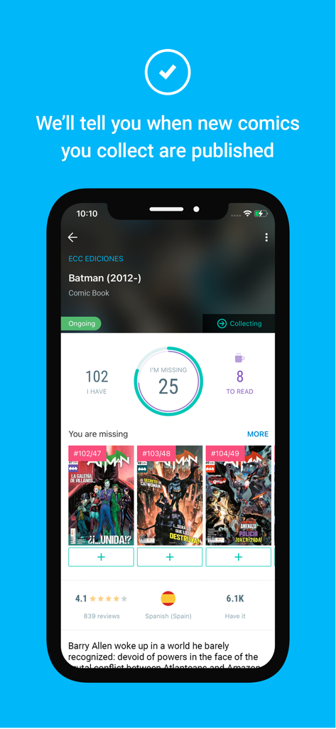 Whakoom: Organize Your Comics! - Whakoom app interface showing comic collection progress and missing issues tracker for Batman comics.