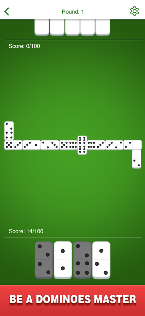Uma partida digital de dominó em andamento em um tabuleiro verde com peças sendo jogadas