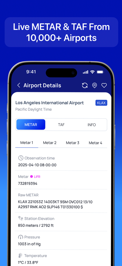 iPhone screenshot of the Aviation Weather app showing METAR details and weather conditions for Los Angeles International Airport