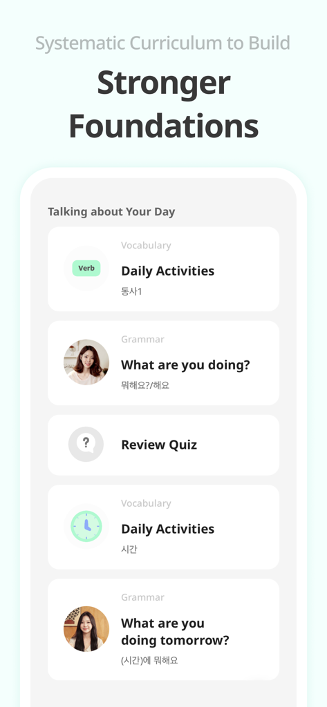 Teuida: Learn Languages - Teuida app interface displaying a systematic language learning curriculum with vocabulary and grammar modules for talking about daily activities.