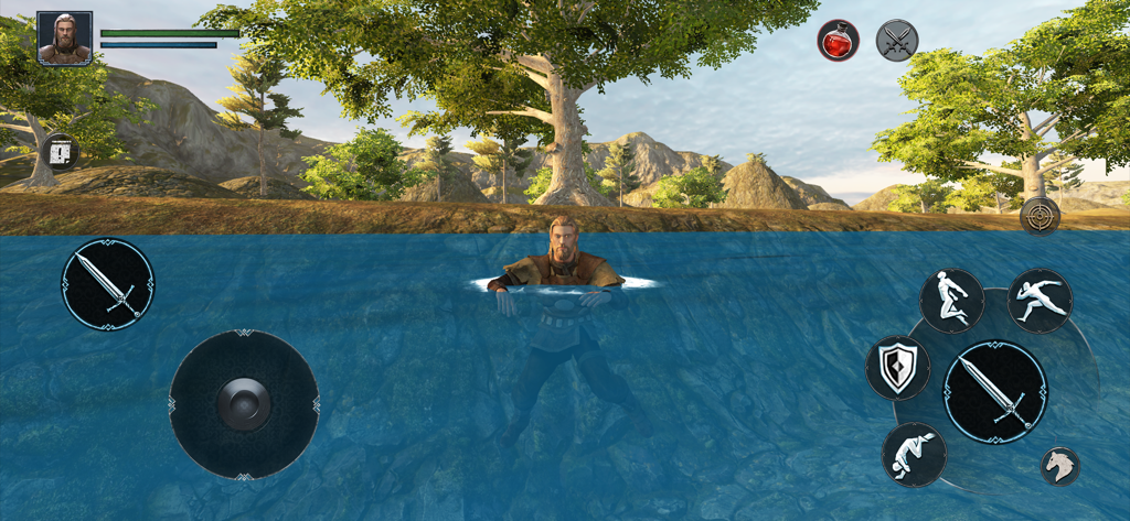 Ertugrul Gazi 3: RPG Battle - Captura de pantalla de la jugabilidad de Ertugrul Gazi 3 que muestra al personaje principal nadando en un lago con paisajes montañosos al fondo.