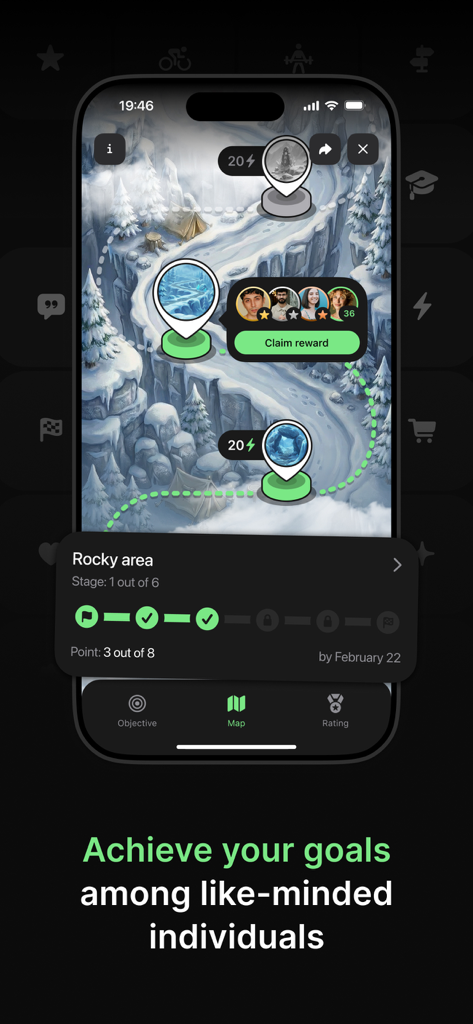 Stayfitt - Stayfitt App zeigt eine gamifizierte Fitnesskarte zur Verfolgung des Teamfortschritts und zum Einlösen von Belohnungen