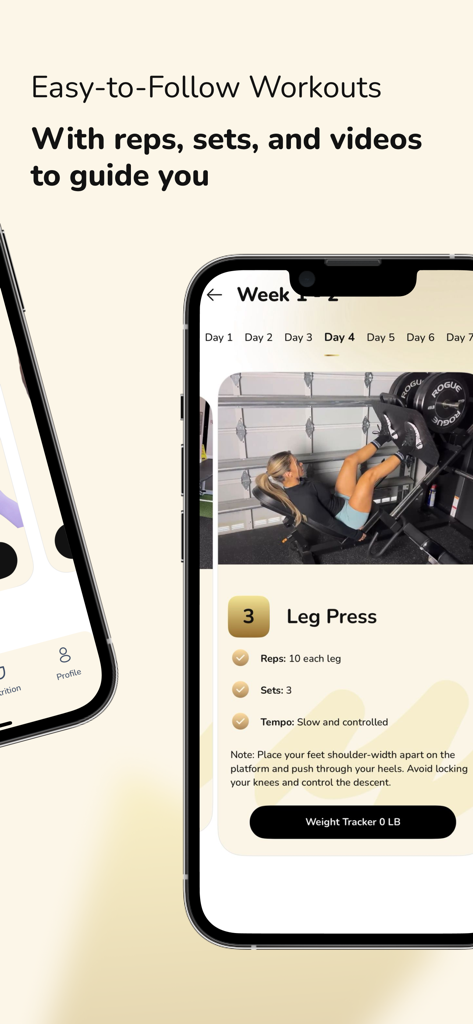 Good Fitness - Good Fitness app interface showing a leg press exercise with video instructions and rep tracking.