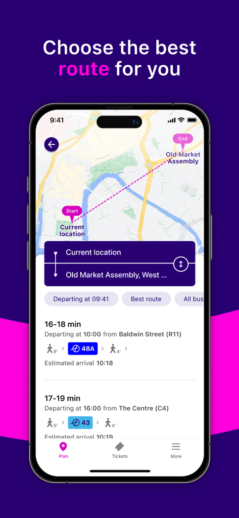 A mobile interface for the First Bus app showing a route planner with a map and various bus travel options