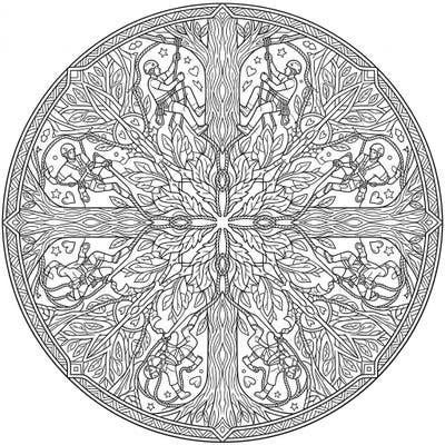 Embark on an adventurous coloring journey with this unique Tree Climbers Mandala. This intricate design combines the thrill of tree climbing with the serene beauty of a symmetrical mandala, perfect for creative relaxation.
