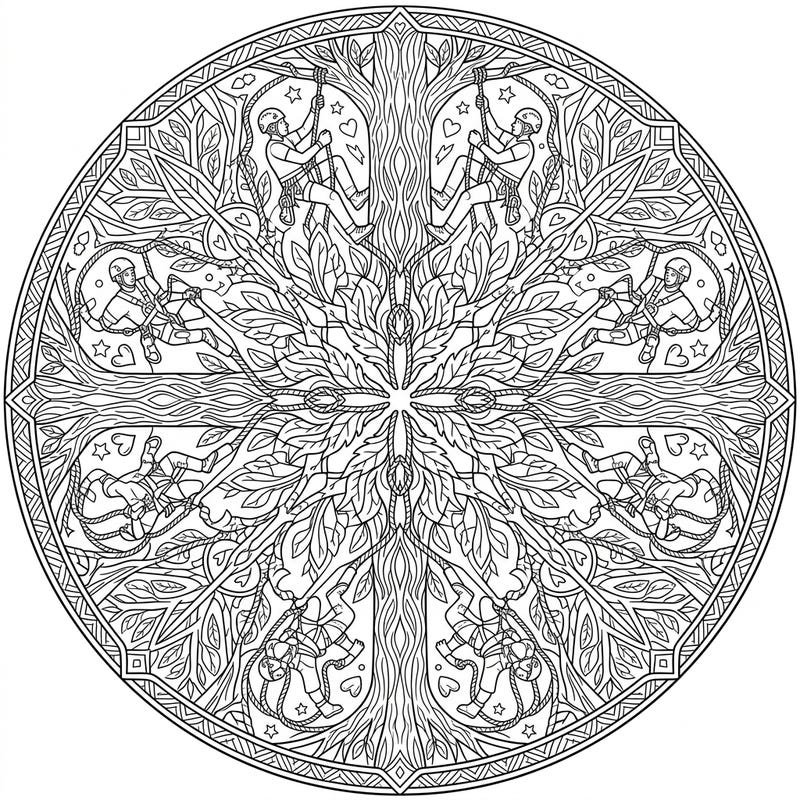 Embark on an adventurous coloring journey with this unique Tree Climbers Mandala. This intricate design combines the thrill of tree climbing with the serene beauty of a symmetrical mandala, perfect for creative relaxation.