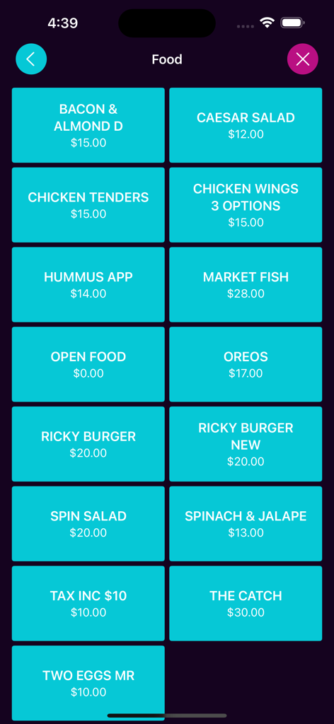 Beachy F&B - Tela do menu de alimentos do aplicativo Beachy FB mostrando uma grade de itens do menu e preços