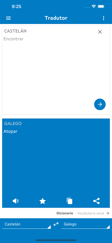 Interfaz de la app Tradutor Gaio mostrando una traducción de español a gallego