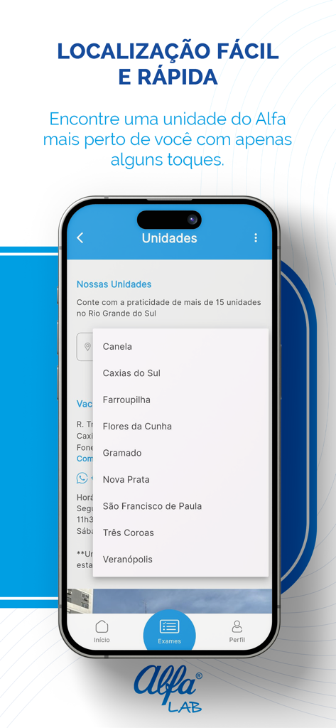 Alfa Laboratório - Pantalla de la aplicación Alfa Laboratório que muestra la función de localizador de unidades con una lista de ubicaciones de servicio disponibles.
