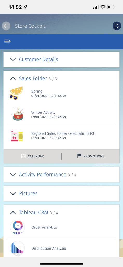 Consumer Goods Cloud - Interface do Painel da Loja do Salesforce Consumer Goods Cloud mostrando pastas de vendas e análises de CRM.