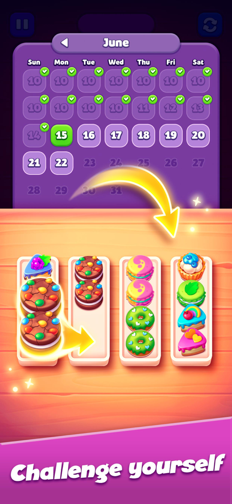 Sweet Sort game interface showing a monthly challenge calendar and a dessert sorting puzzle.