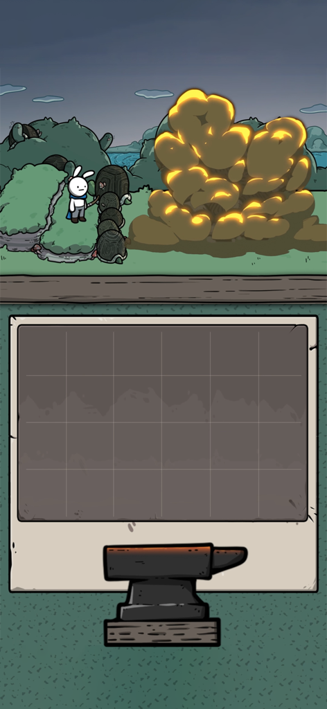 Archer Forest gameplay showing a white rabbit hero and a merge grid