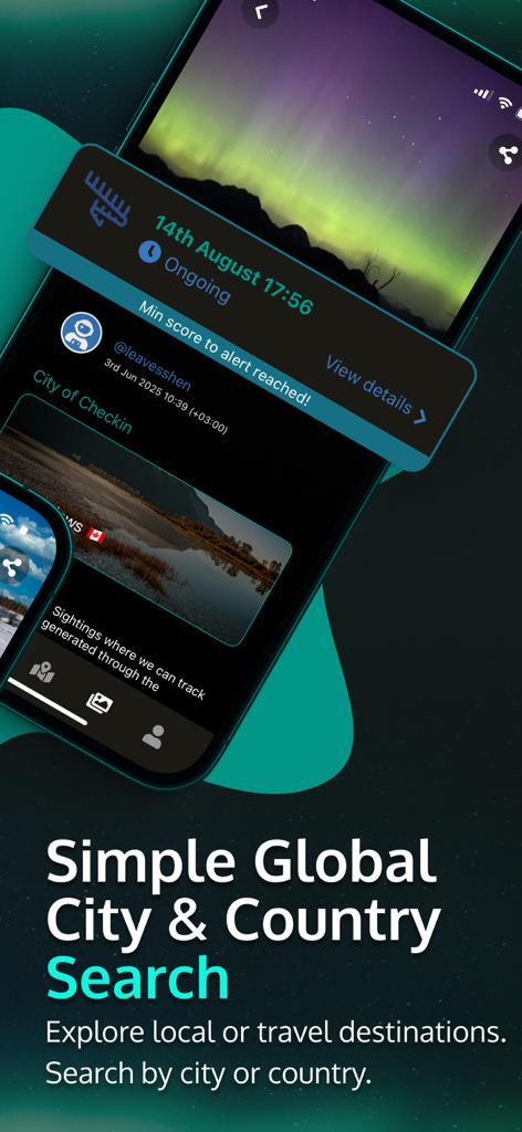 AuroraReach mobile app showing the global city and country search feature for aurora hunters.