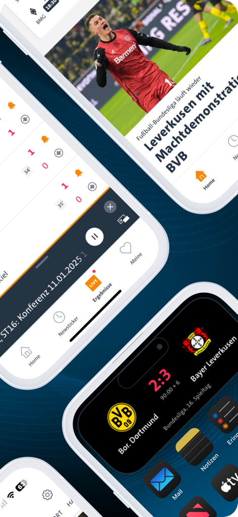 SPORTSCHAU - iPhoneのSportschauアプリのスクリーンショットで、サッカーニュース記事とライブ試合のスコアが表示されています