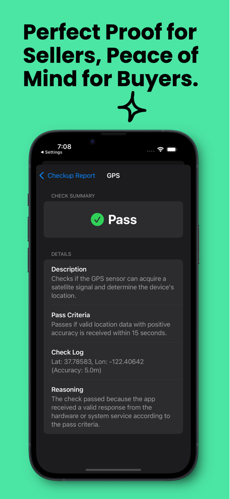 DeepCheck: The iPhone Report - A mobile screen showing a passed GPS hardware diagnostic report with detailed location data and measurement logs.
