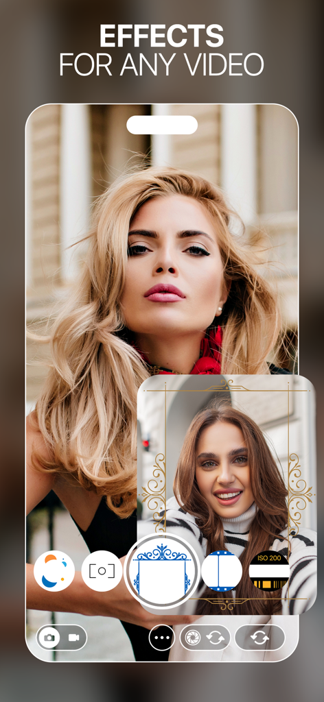 Dual camera app interface with picture-in-picture video and aesthetic frames