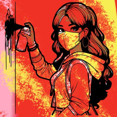 realistic girl with mask spray painting a wall