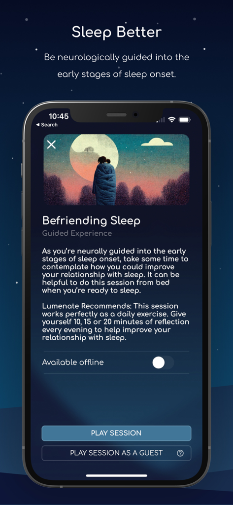Lumenate: Explore & Relax - Pantalla de smartphone mostrando la interfaz de la aplicación Lumenate para una sesión guiada de sueño titulada 'Haciéndote Amigo del Sueño'