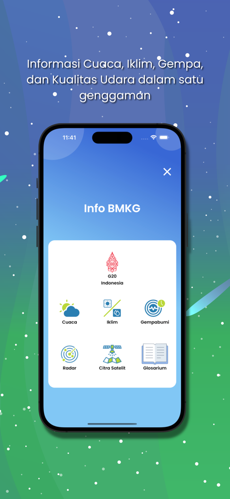 Home screen of the Info BMKG mobile app displaying icons for weather climate and earthquake services