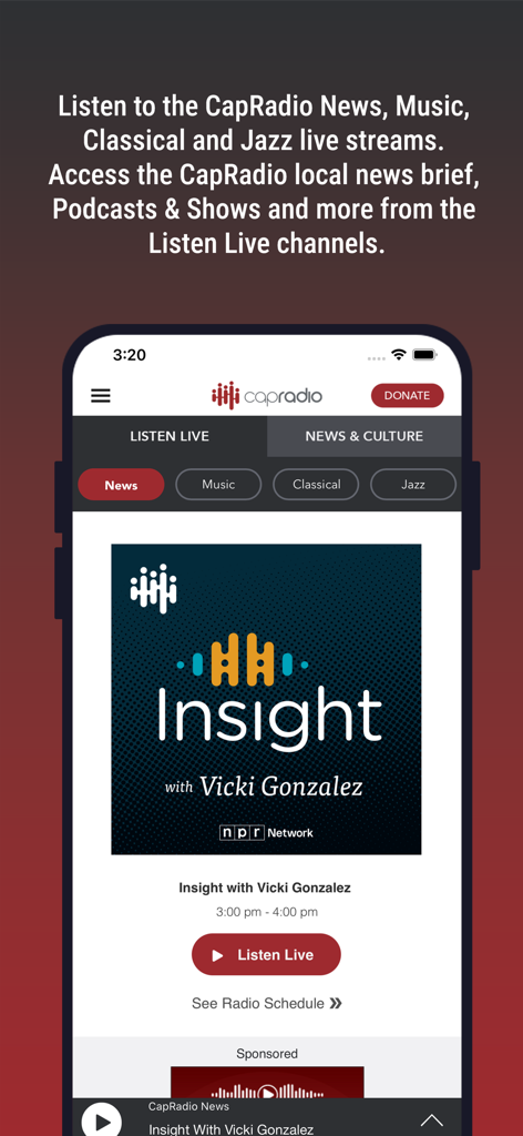 Capital Public Radio app Listen Live screen showing news music and classical station options