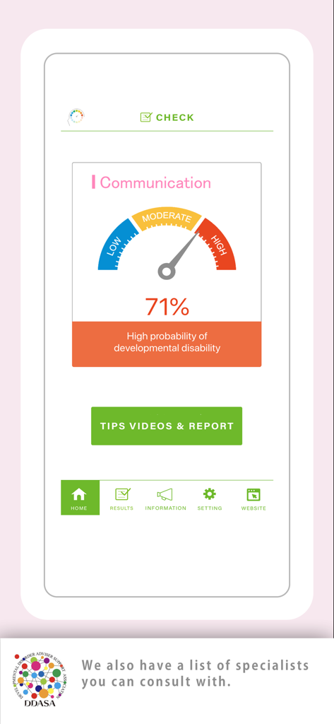 DDASA app screen showing a seventy-one percent high probability score for communication developmental disorder