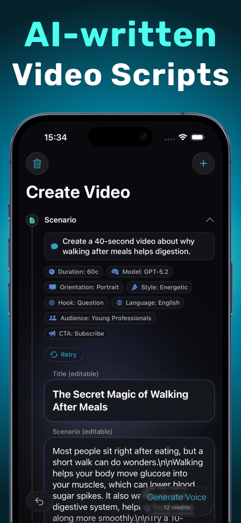 OneClip mobile app interface showing AI script generation for a video about health and digestion