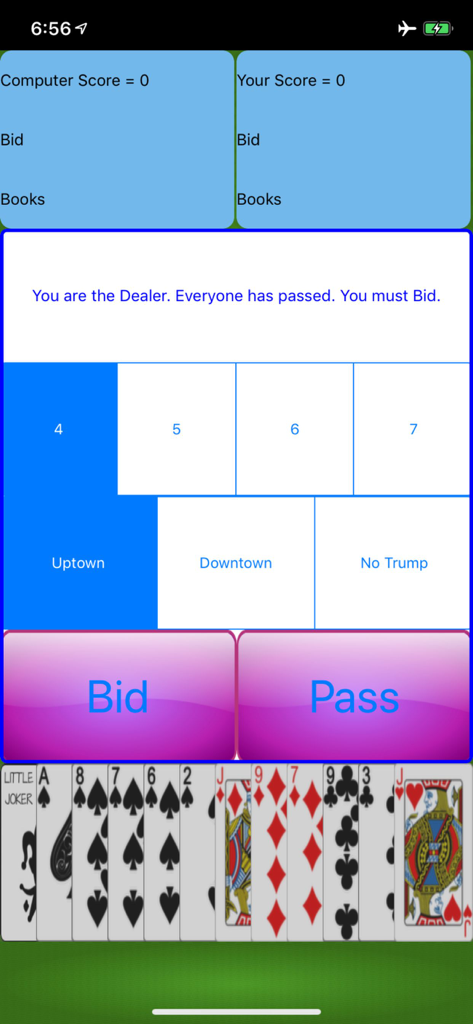 Bid Whist - Classic - The bidding interface of Bid Whist Classic showing options for Uptown Downtown and No Trump alongside a hand of playing cards.
