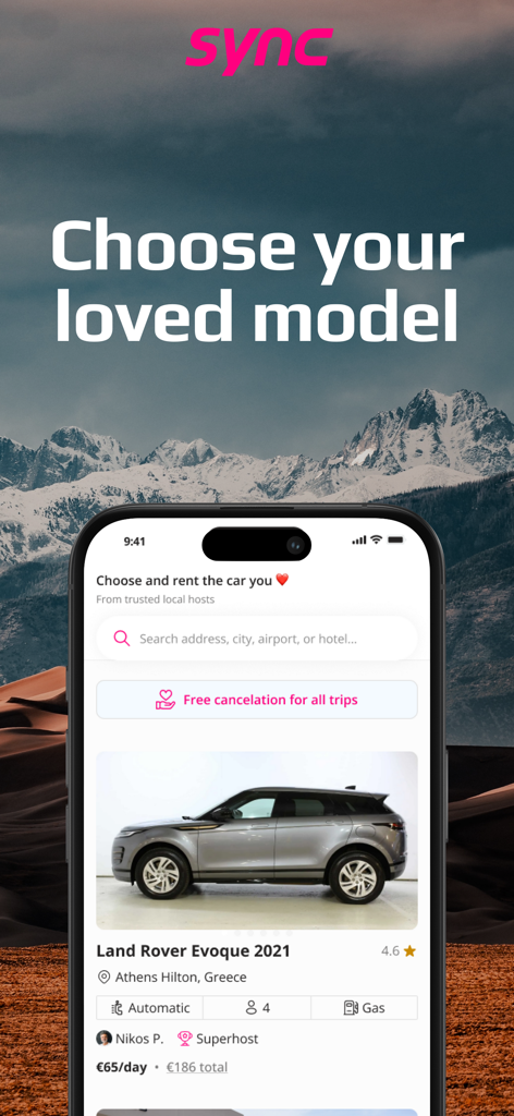 Sync - car rentals marketplace - Sync mobile app screen showing a Land Rover Evoque rental listing with price and location details